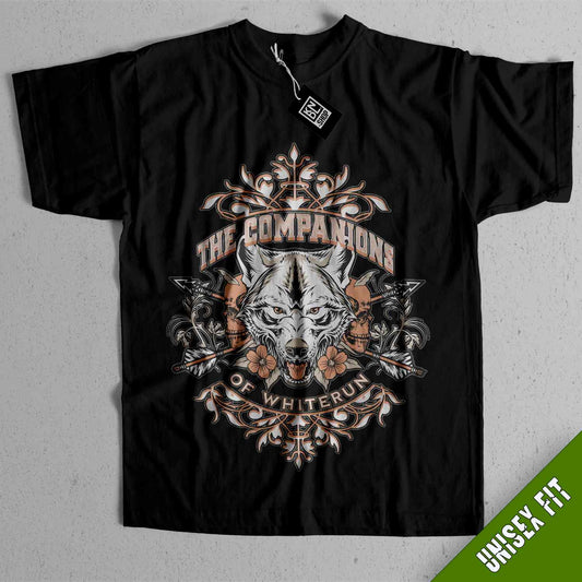 a black t - shirt with an image of a wolf on it