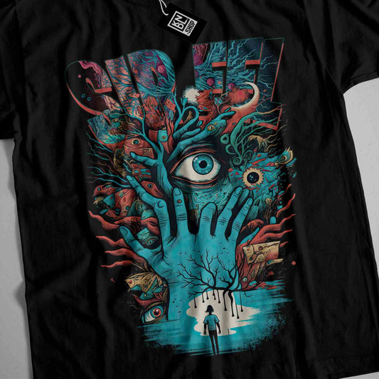 a t - shirt with an image of a hand holding a human eye