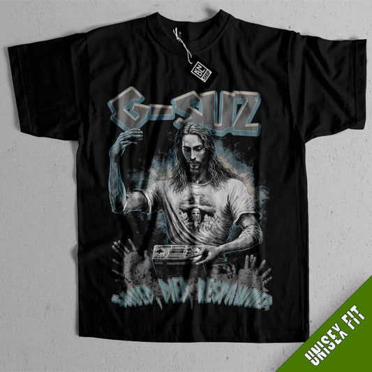 a black shirt with a picture of a man holding a guitar