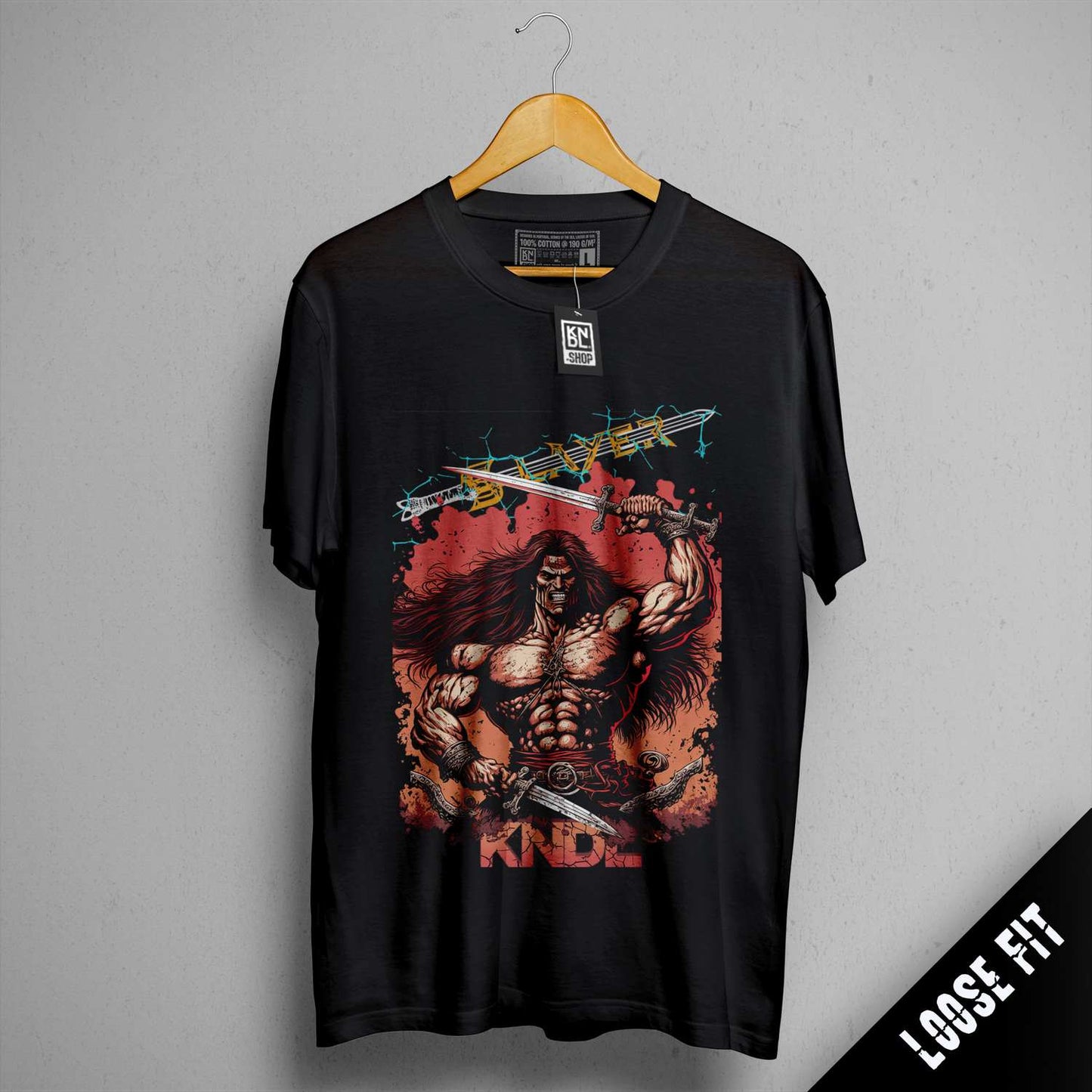 a black shirt with a picture of a man holding a sword