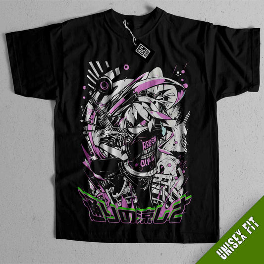 a black shirt with a purple and green design on it