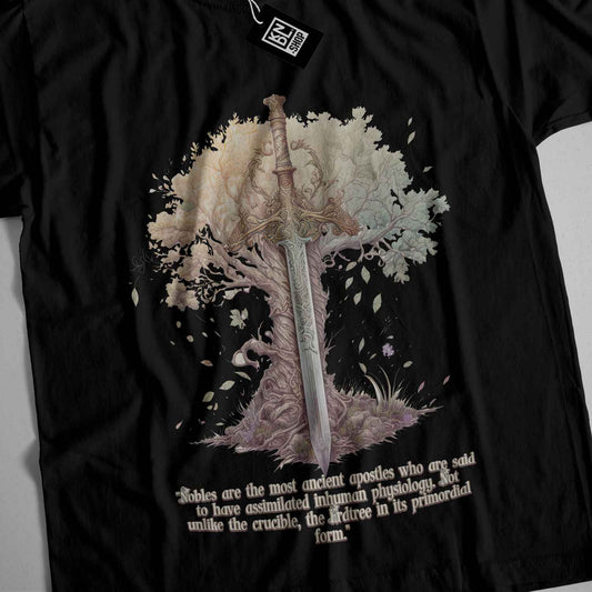 a black t - shirt with a sword on it