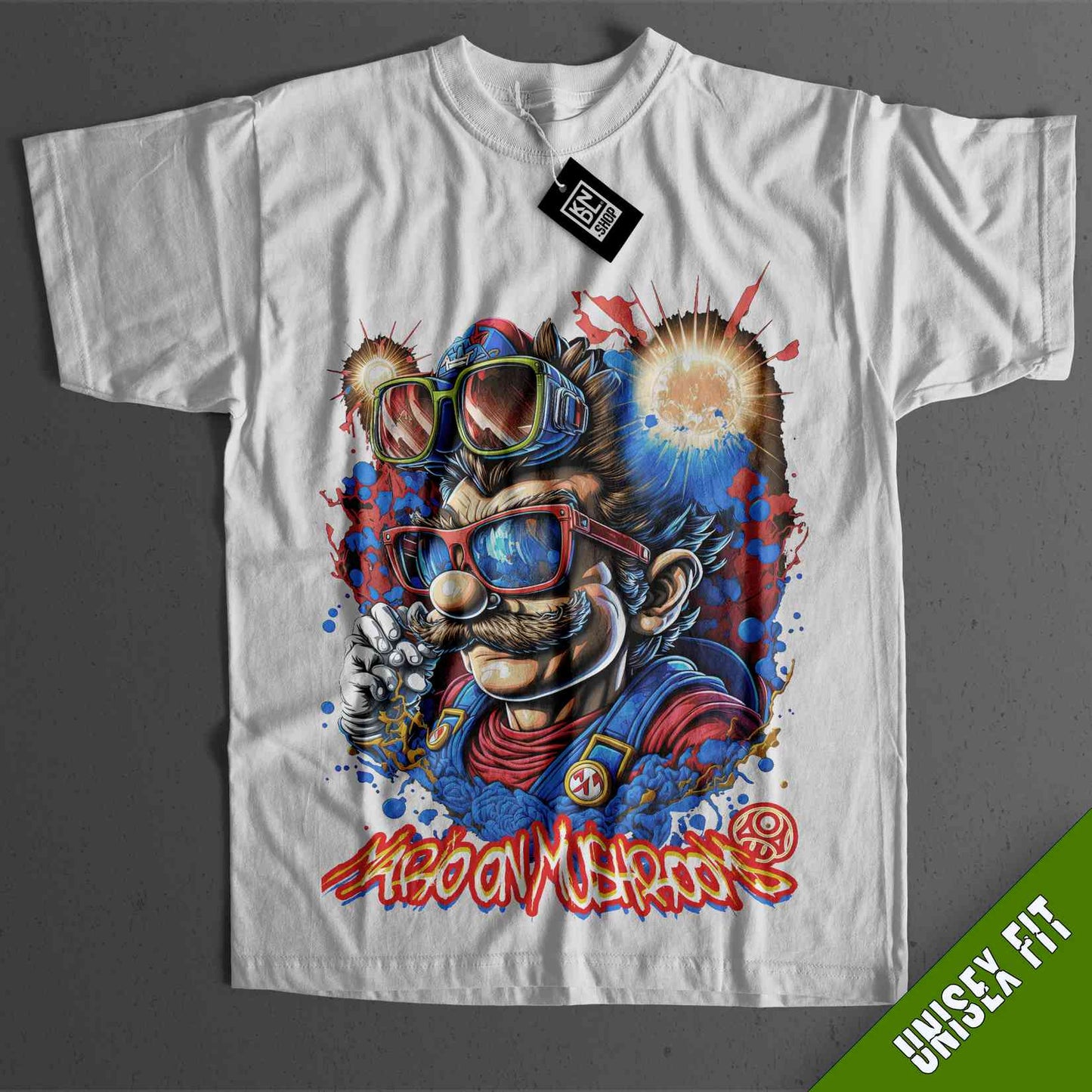 a white t - shirt with an image of a man wearing goggles