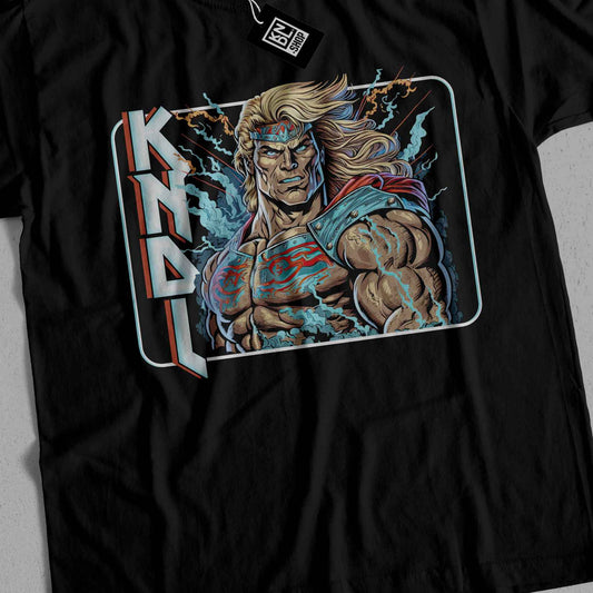 a black t - shirt with a picture of a man holding a sword