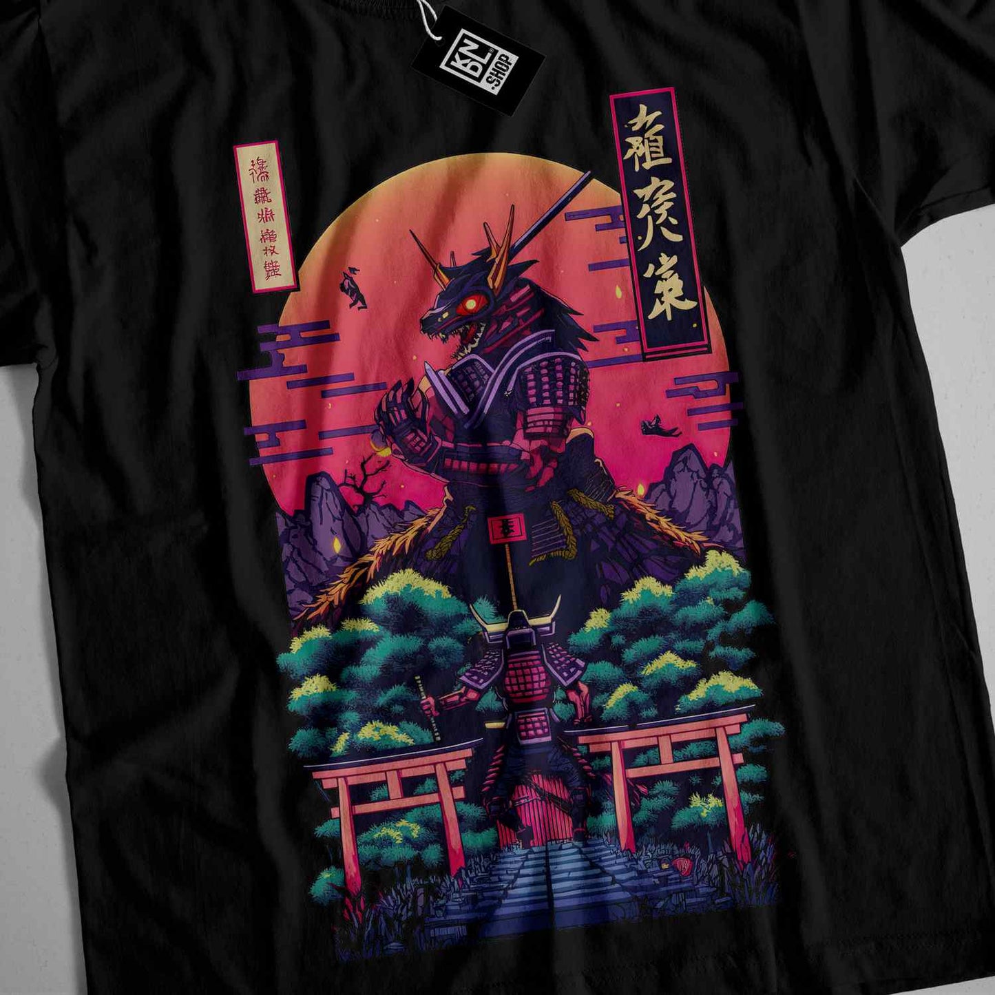 a black t - shirt with an image of a dragon on it