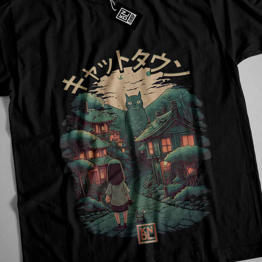 a black tshirt with an image of a cat on it