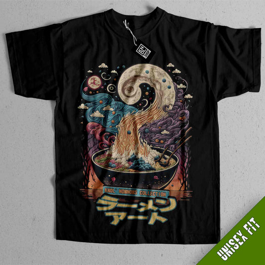 a black t - shirt with an image of a cat in a bowl