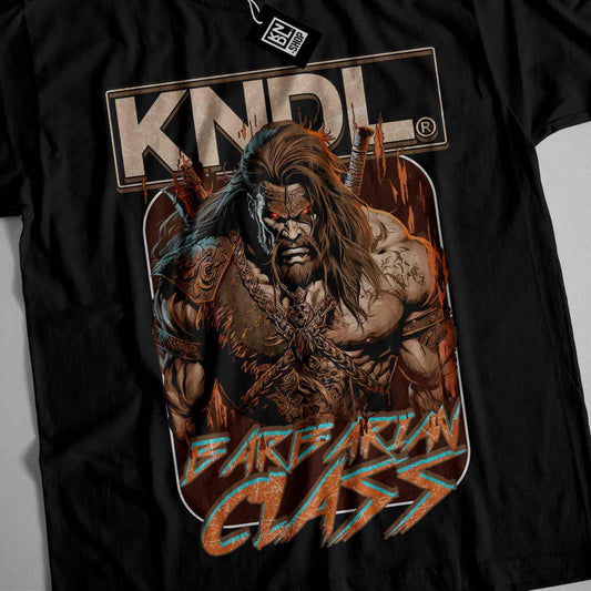 a black shirt with a picture of a man with a sword