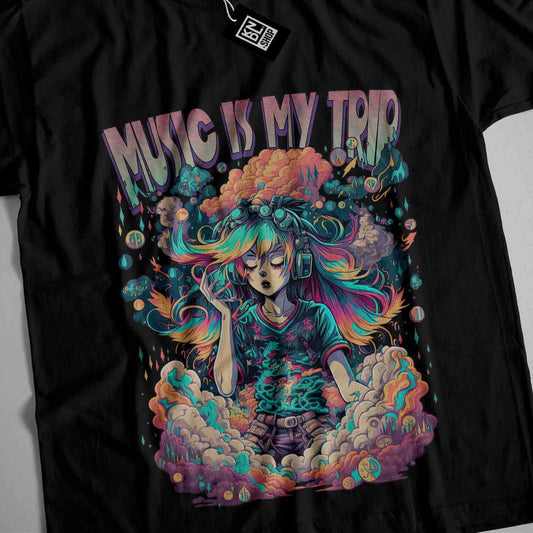 a black t - shirt with an image of a woman with long hair