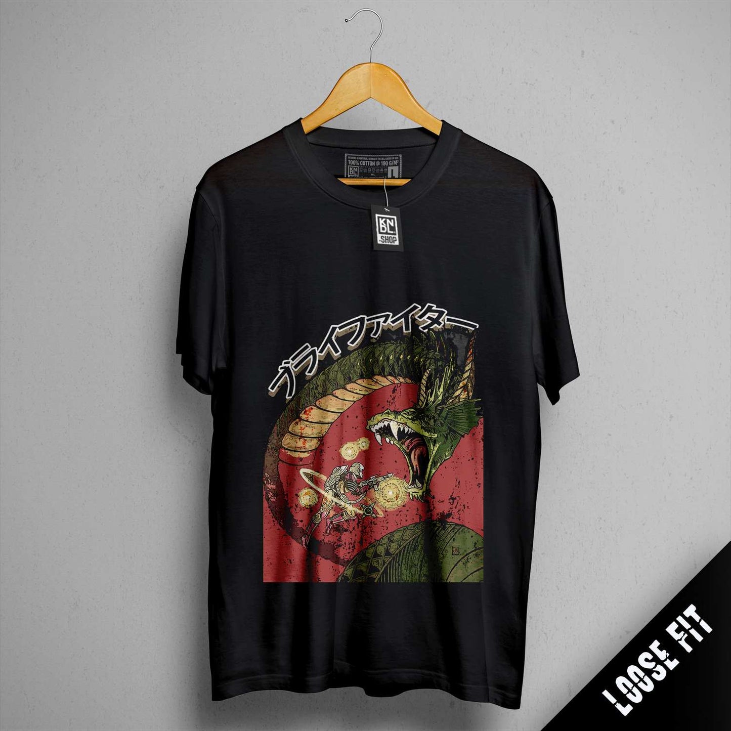 a black shirt with a picture of a dragon on it