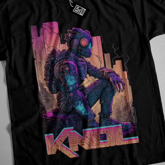 a black t - shirt with a picture of a robot sitting on top of a