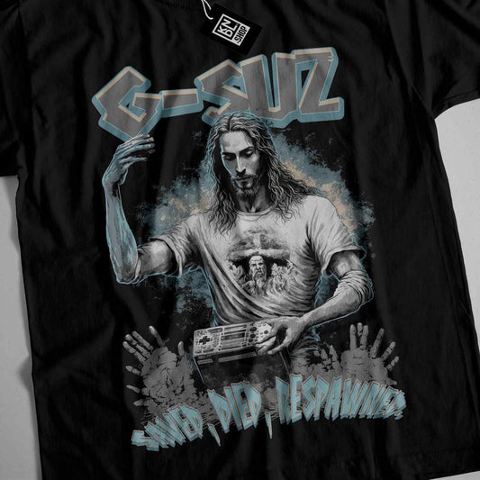 a black shirt with a picture of a man holding a radio