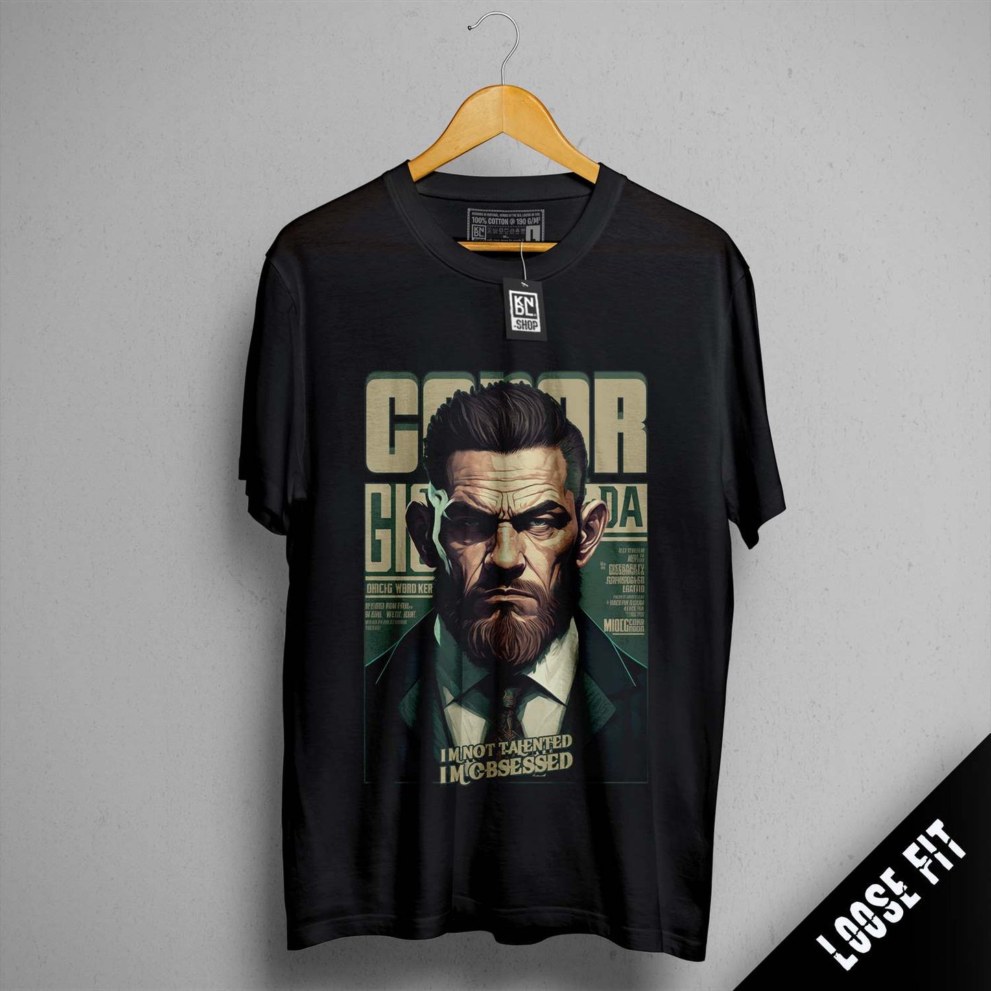 a black shirt with a picture of a man with a beard