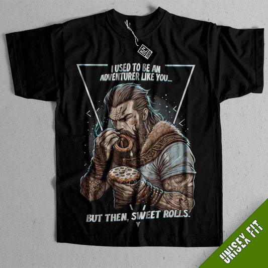 a black t - shirt with an image of a man eating a donut