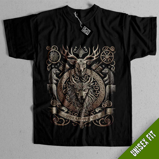 a black t - shirt with a picture of a wolf and a banner