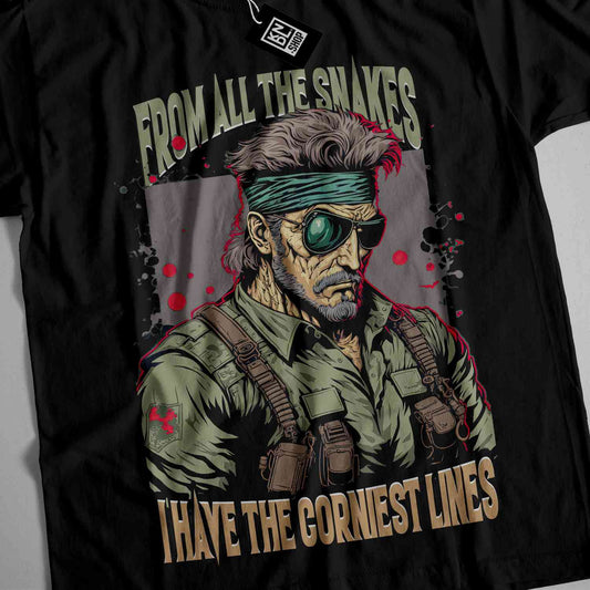 a black shirt with an image of a man with green eyes