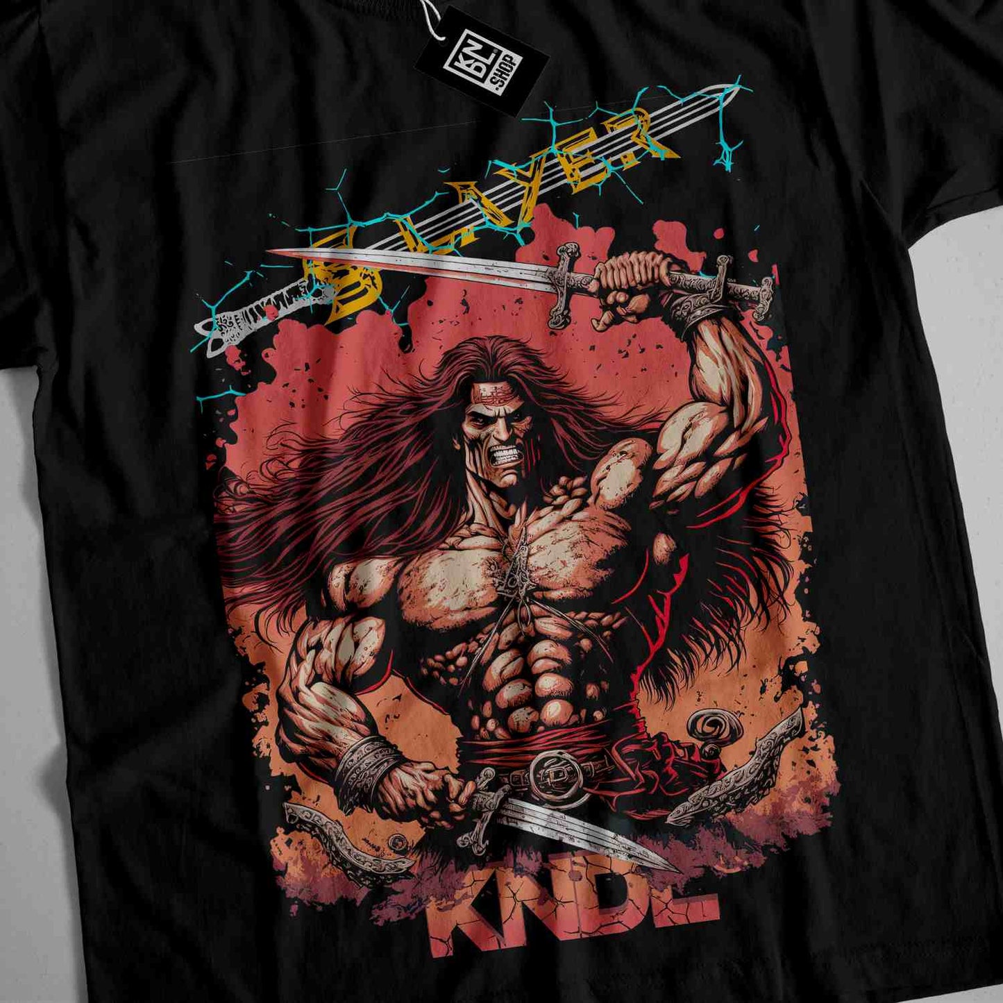 a black shirt with a picture of a man holding a sword
