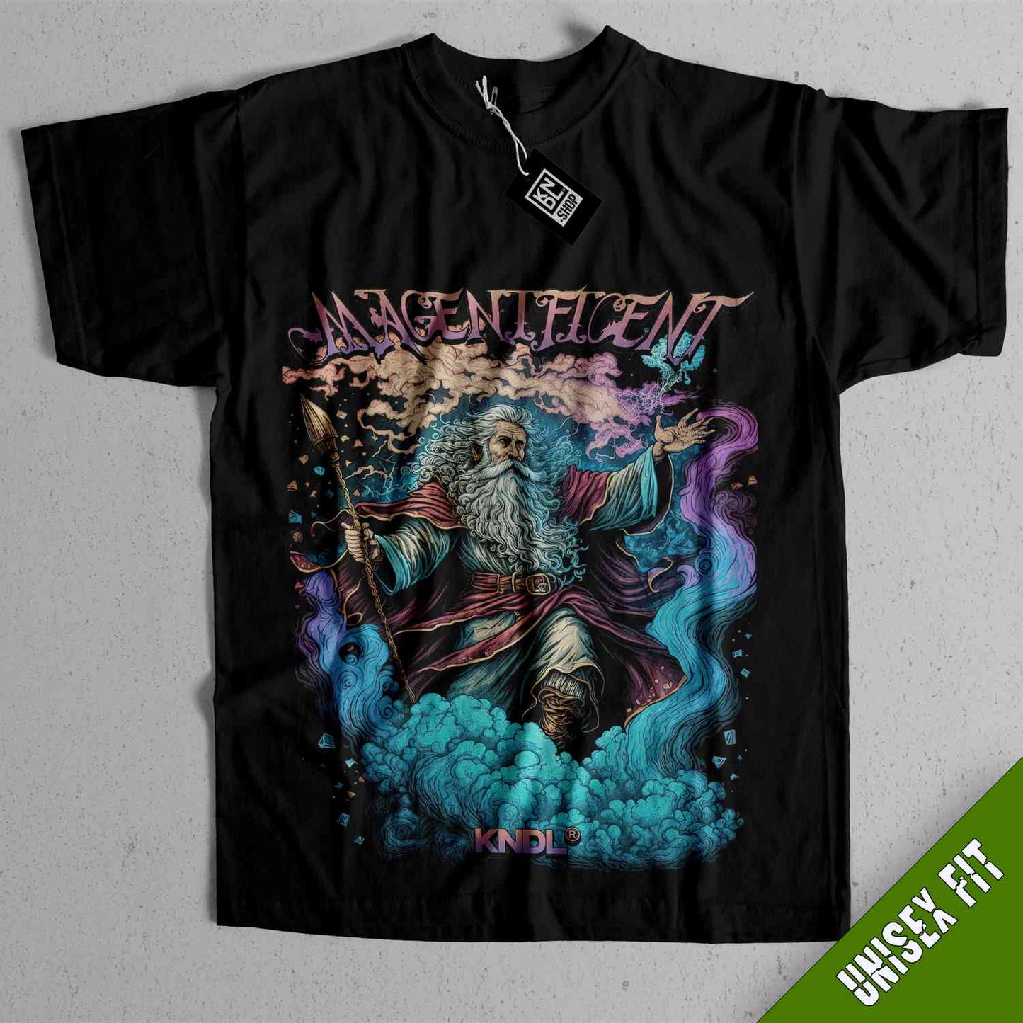 a black shirt with an image of a wizard on it