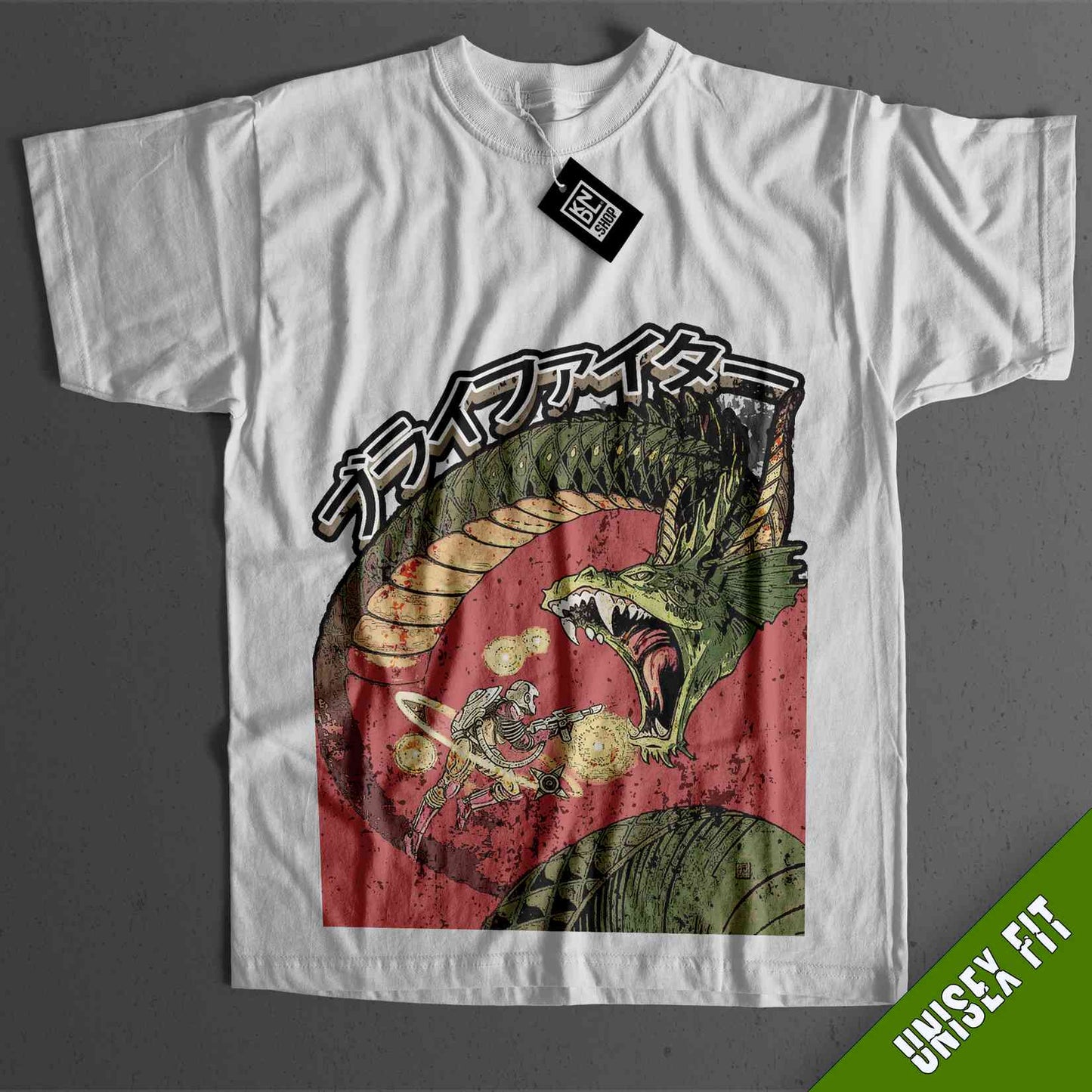 a white shirt with a dragon on it