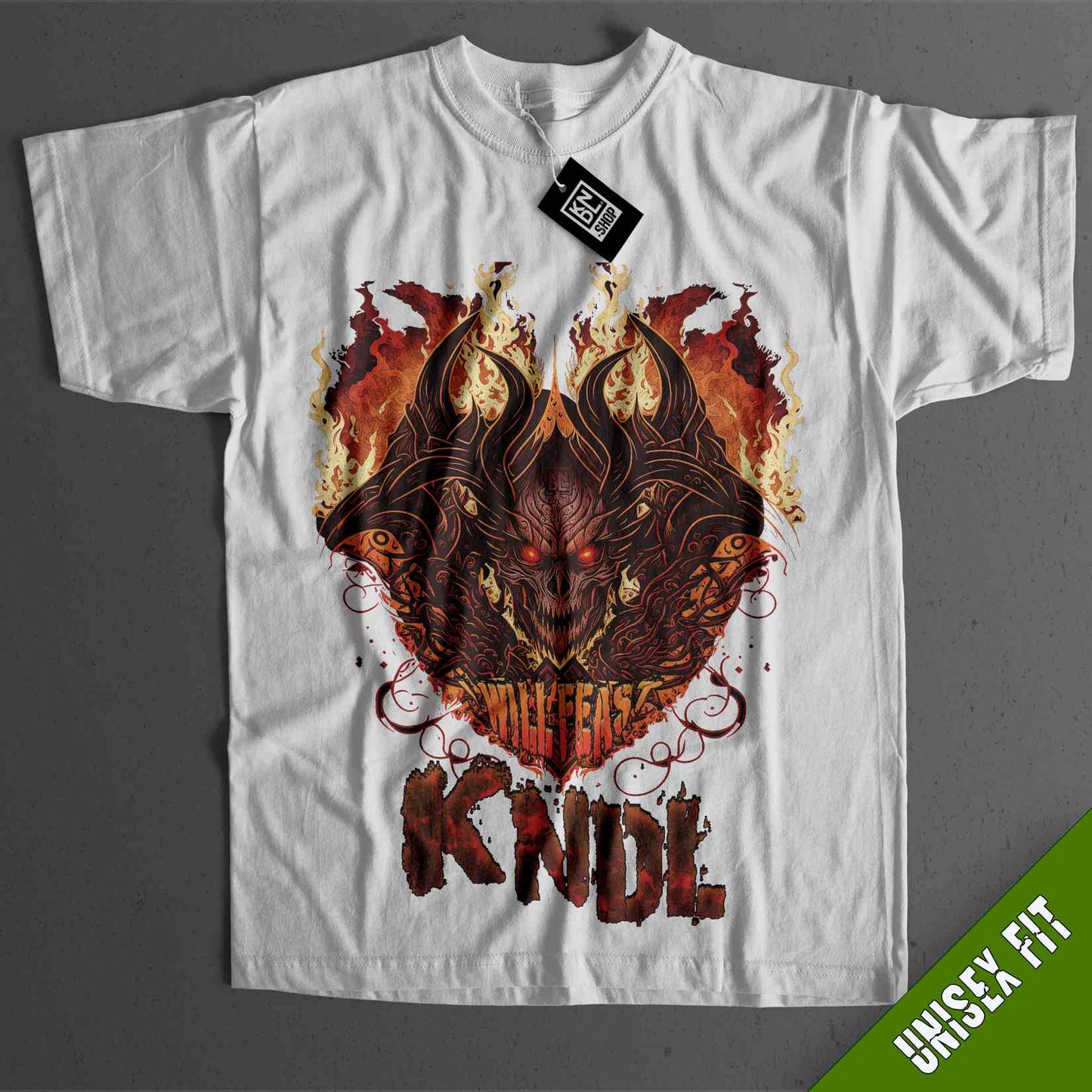 a white t - shirt with an image of a dragon on it
