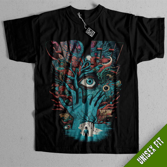 a black t - shirt with an image of a hand holding an eye