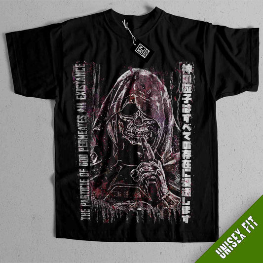 a black shirt with a picture of a skeleton holding a knife