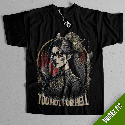a black t - shirt with a picture of a woman wearing glasses