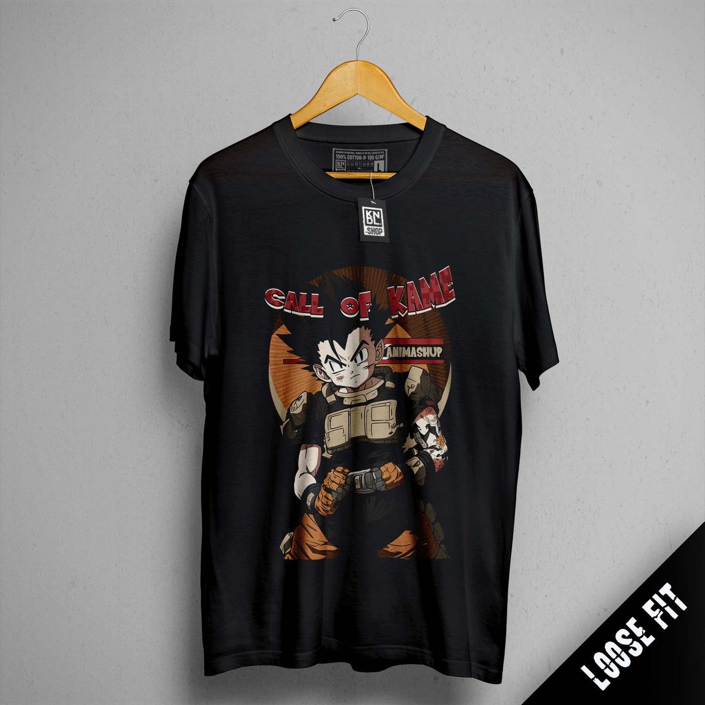 a black t - shirt with an image of a cartoon character on it