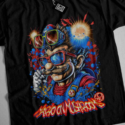 a black t - shirt with an image of a man wearing goggles