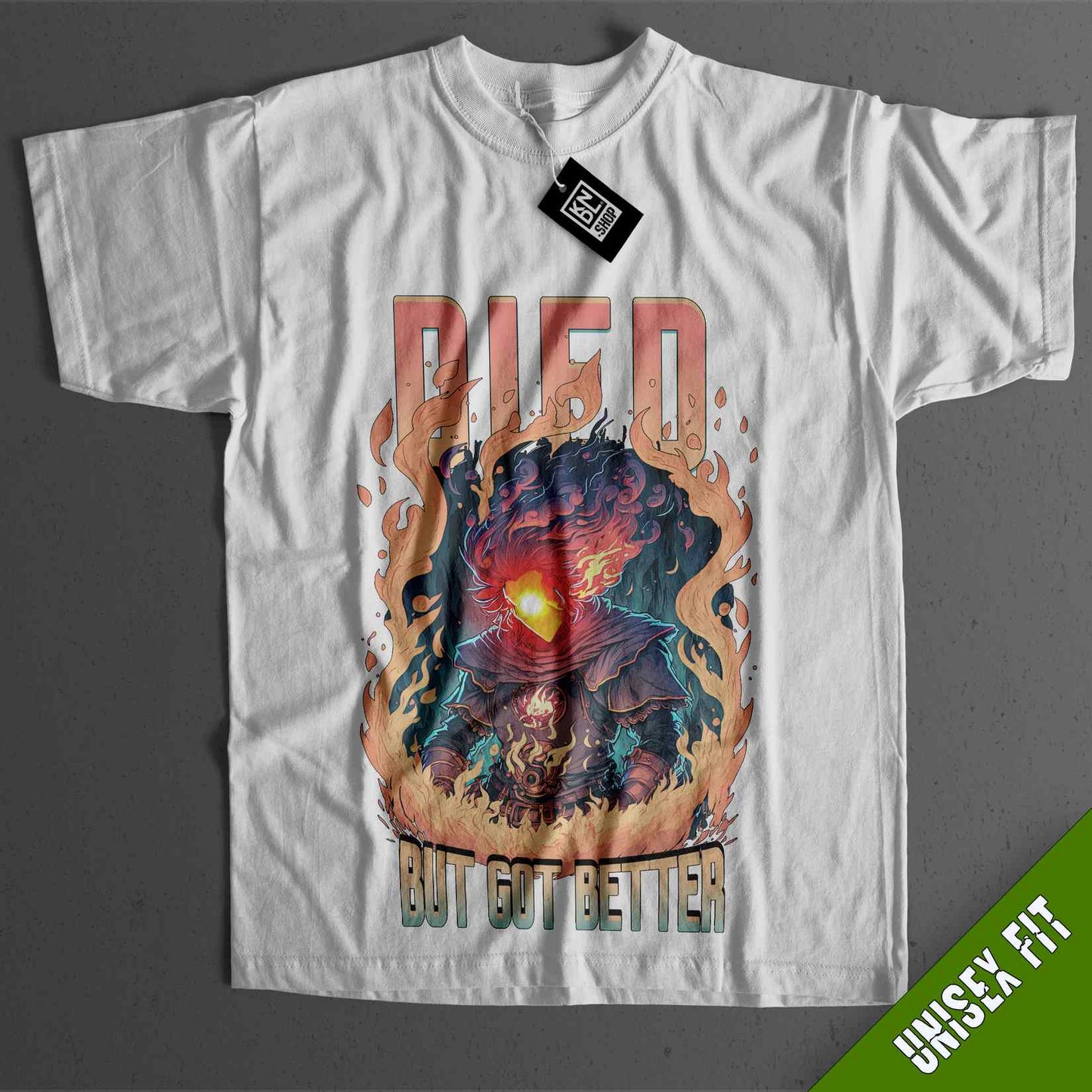 a white t - shirt with a picture of a demon on it