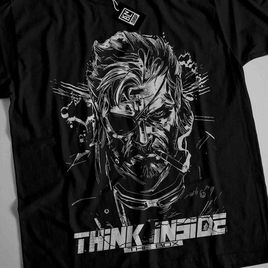 a black t - shirt with a picture of a man with glasses on it