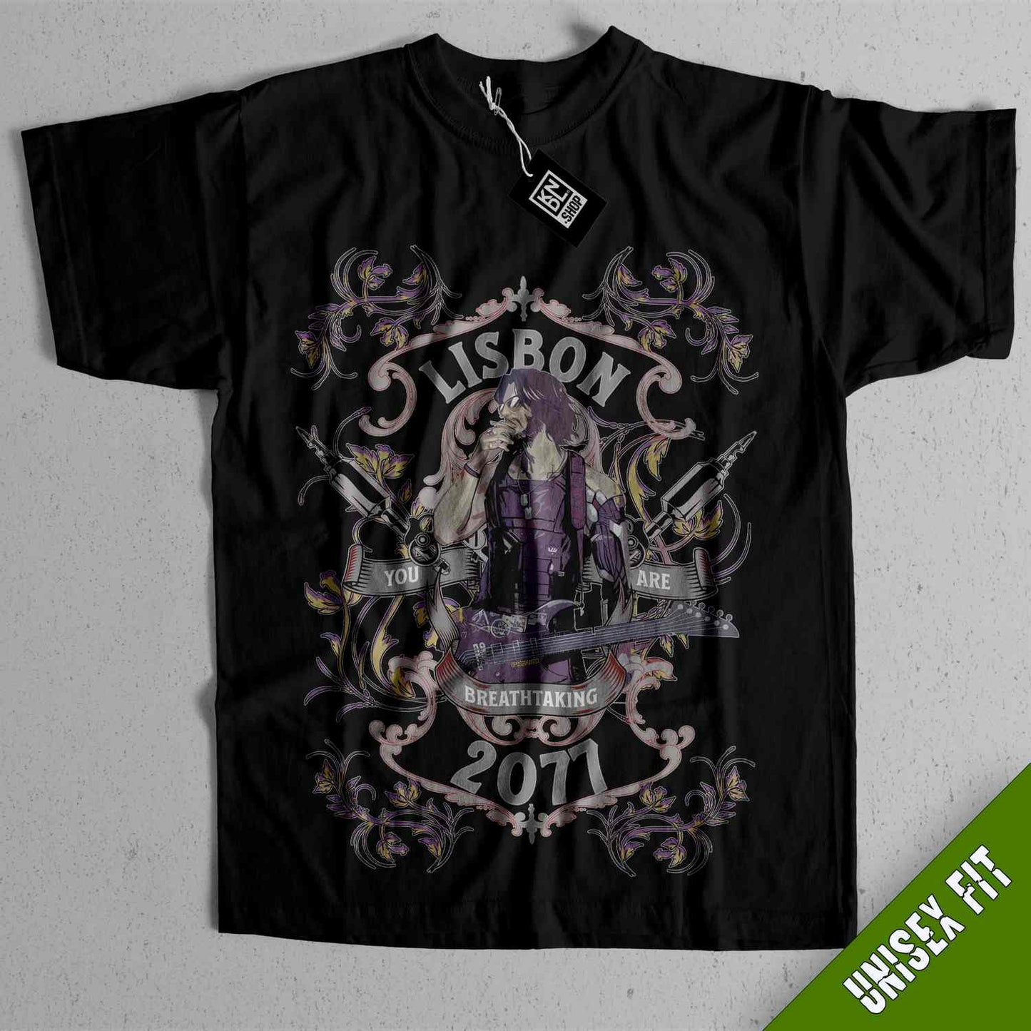 a black shirt with a picture of a woman holding a guitar
