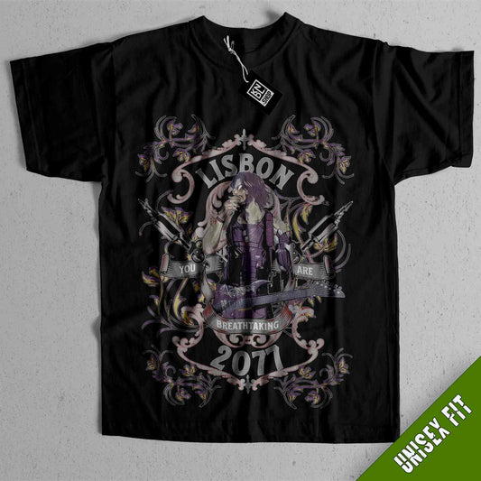 a black shirt with a picture of a woman holding a guitar