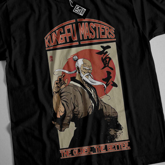 a black t - shirt with a picture of a man holding a knife