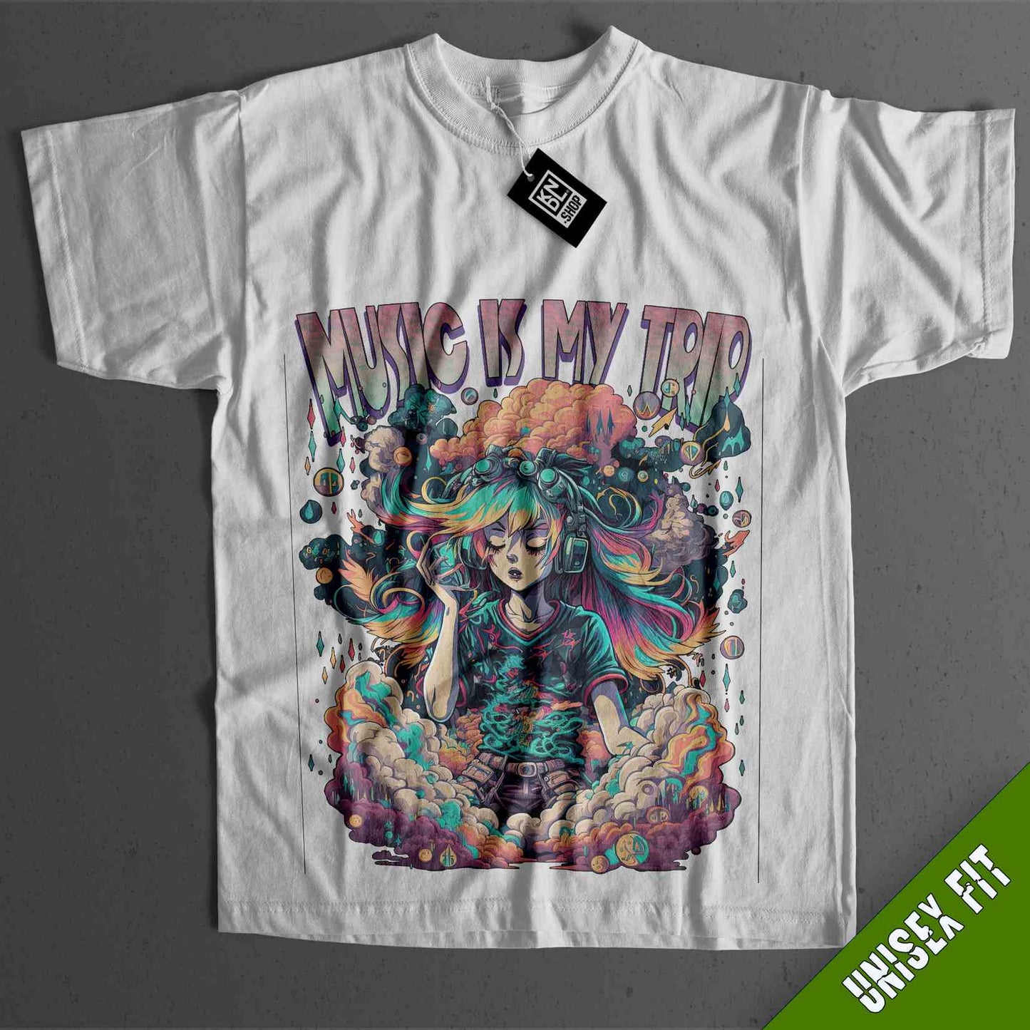 a white t - shirt with an image of a woman in a hat
