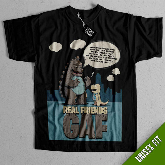 a t - shirt with a dinosaur saying real friends are gay