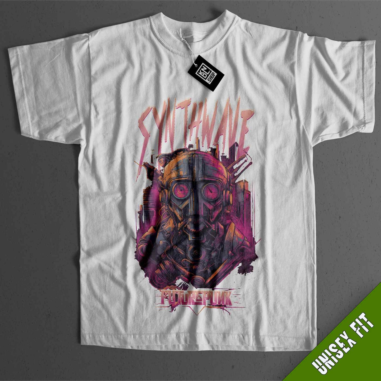 a white t - shirt with a picture of a robot on it