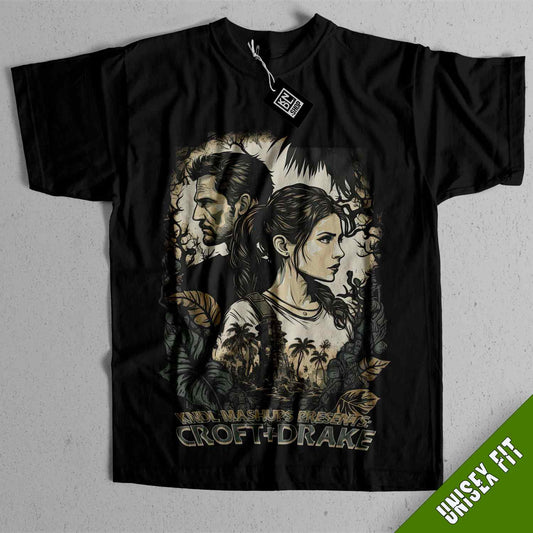 a black shirt with a picture of a woman and a man