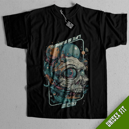 a black t - shirt with a picture of a skull on it