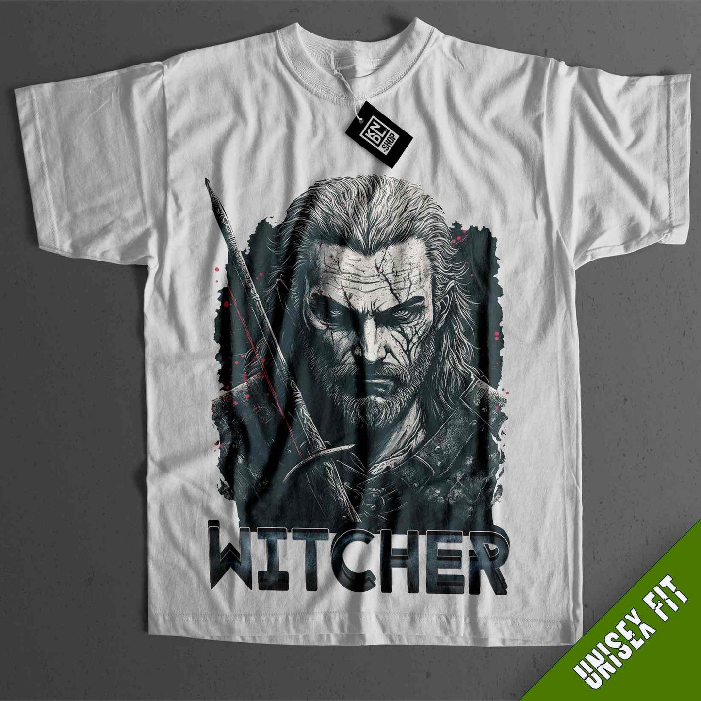 a white t - shirt with a picture of a man holding a sword