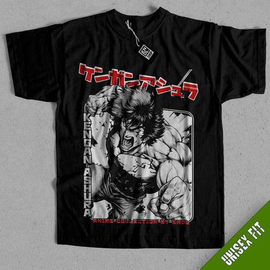 a black shirt with a picture of a man with a sword