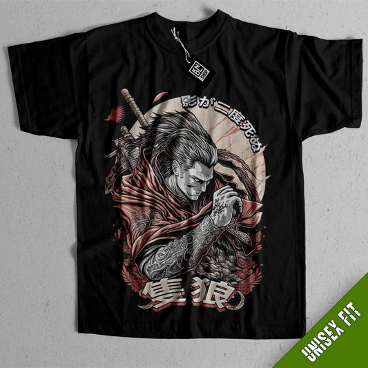 a black shirt with a picture of a man holding a sword