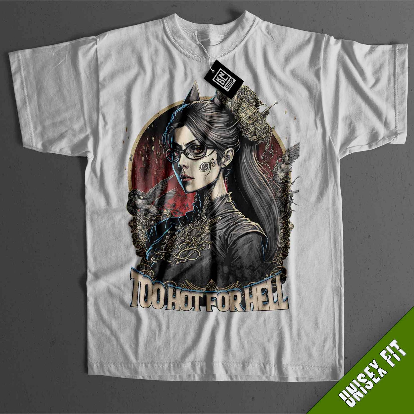 a white t - shirt with an image of a woman wearing glasses