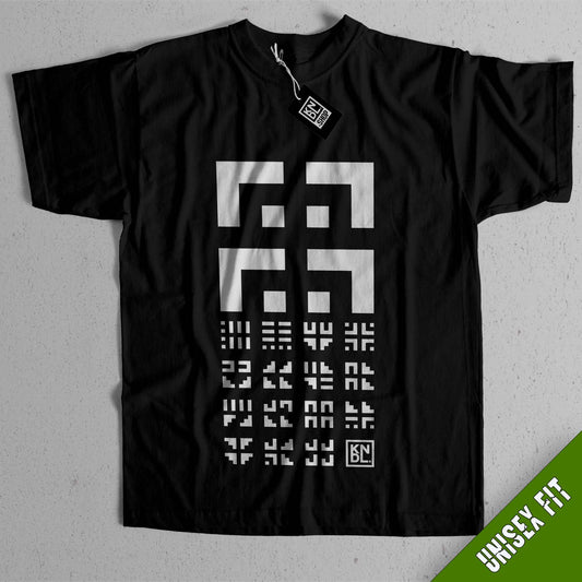 a black t - shirt with white letters and numbers on it