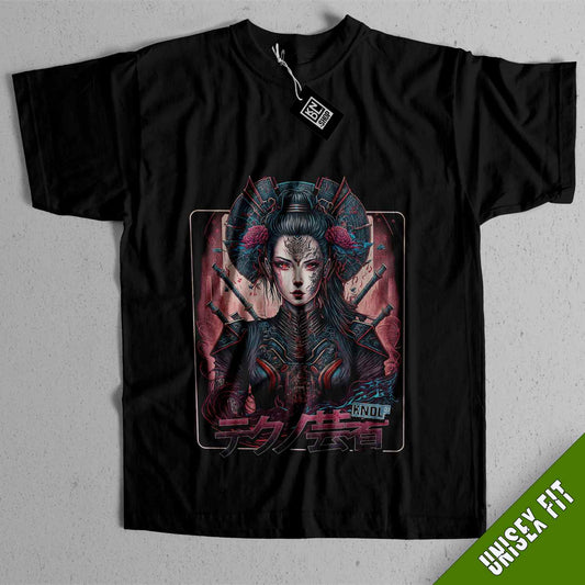 a black t - shirt with a picture of a woman holding a sword