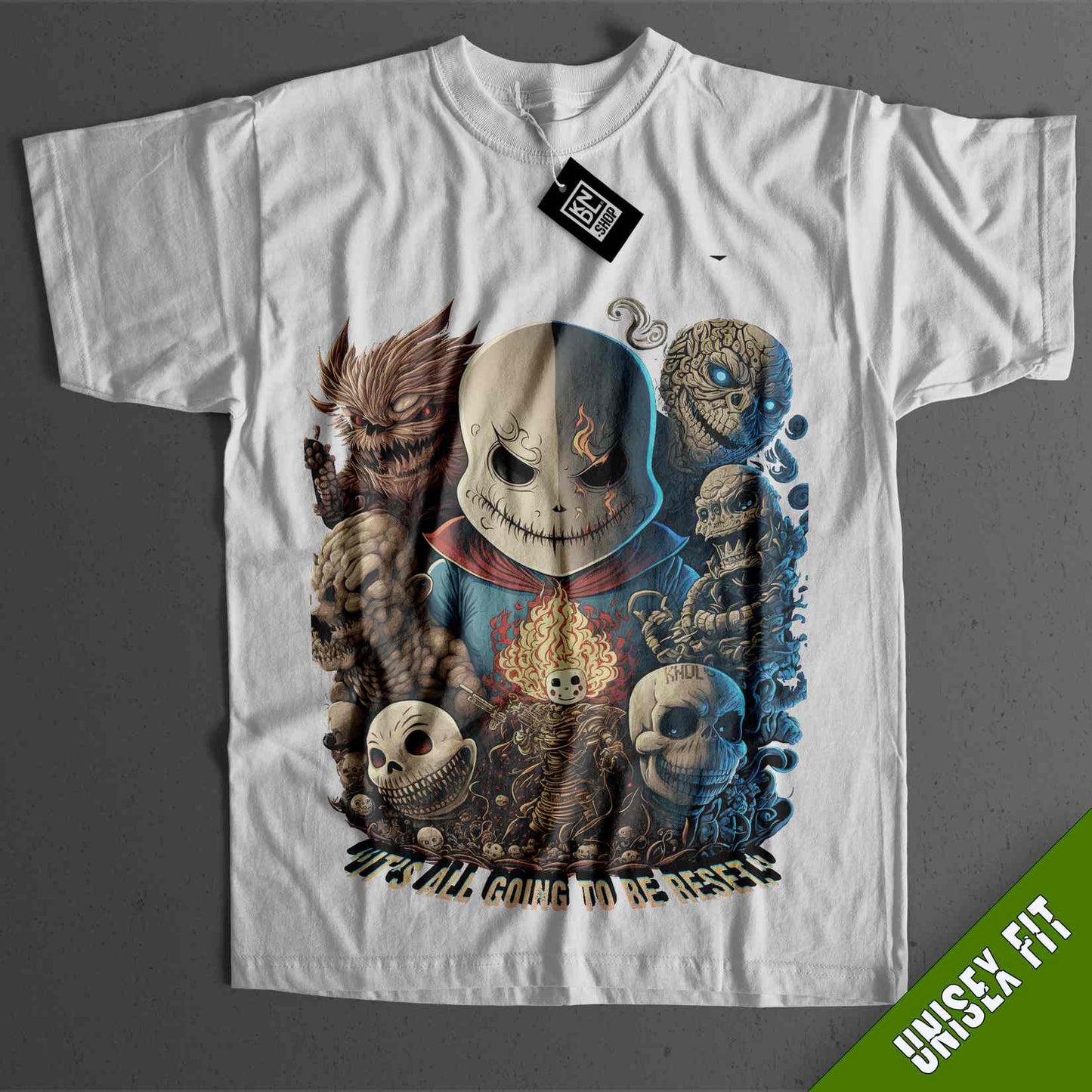 a white t - shirt with a picture of a skeleton surrounded by skulls