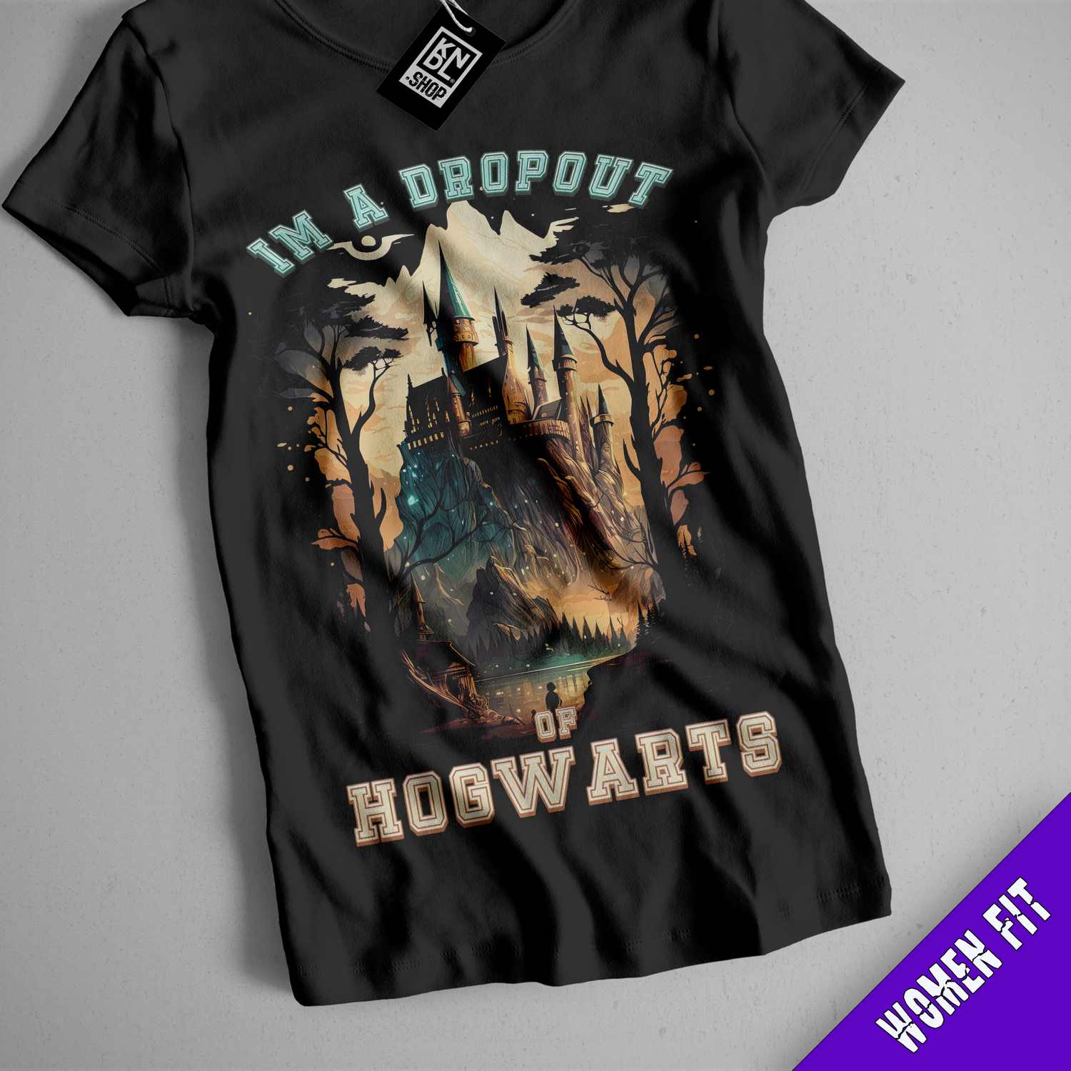 a black t - shirt with a hogwarts image on it