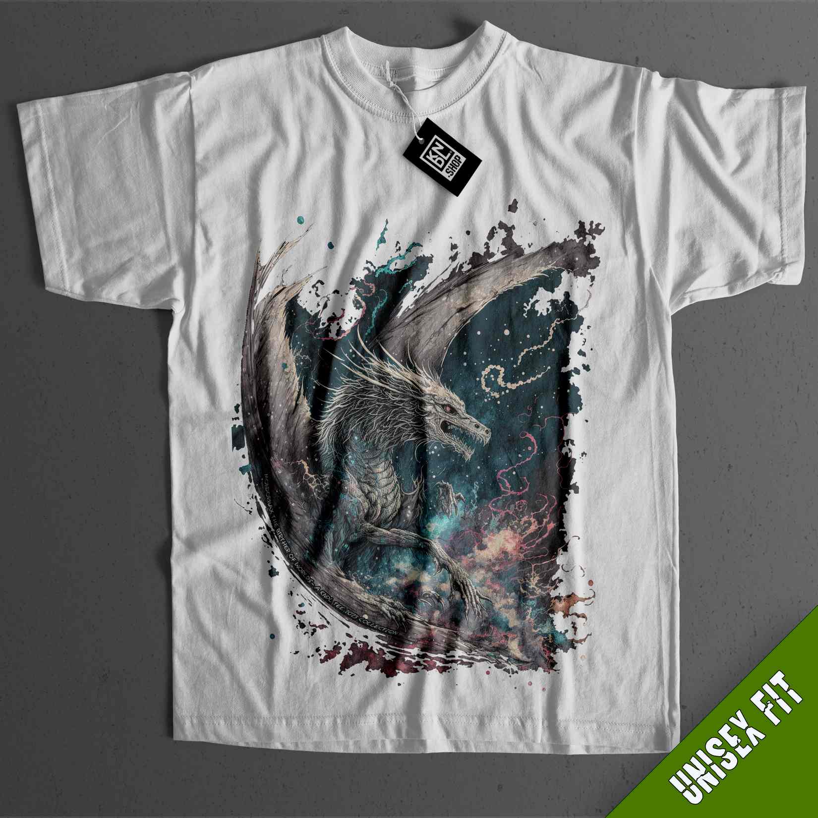 a white t - shirt with a picture of a dragon on it