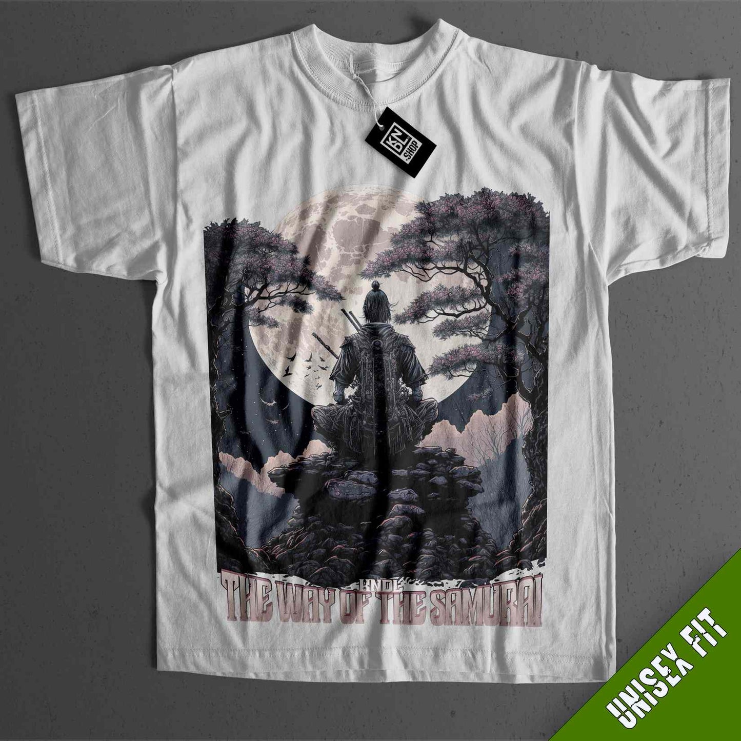 a white t - shirt with a picture of a man standing in the woods