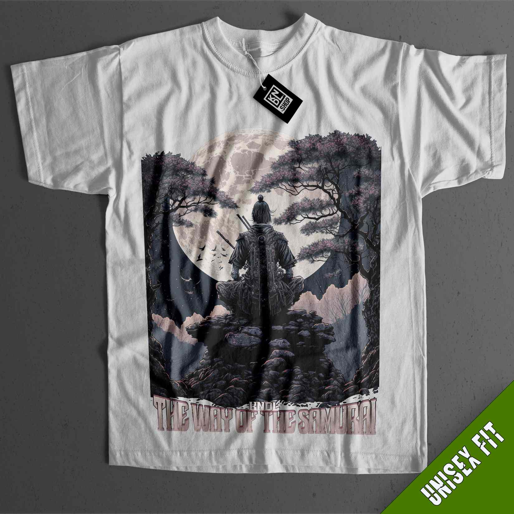 a white t - shirt with a picture of a man standing in the woods